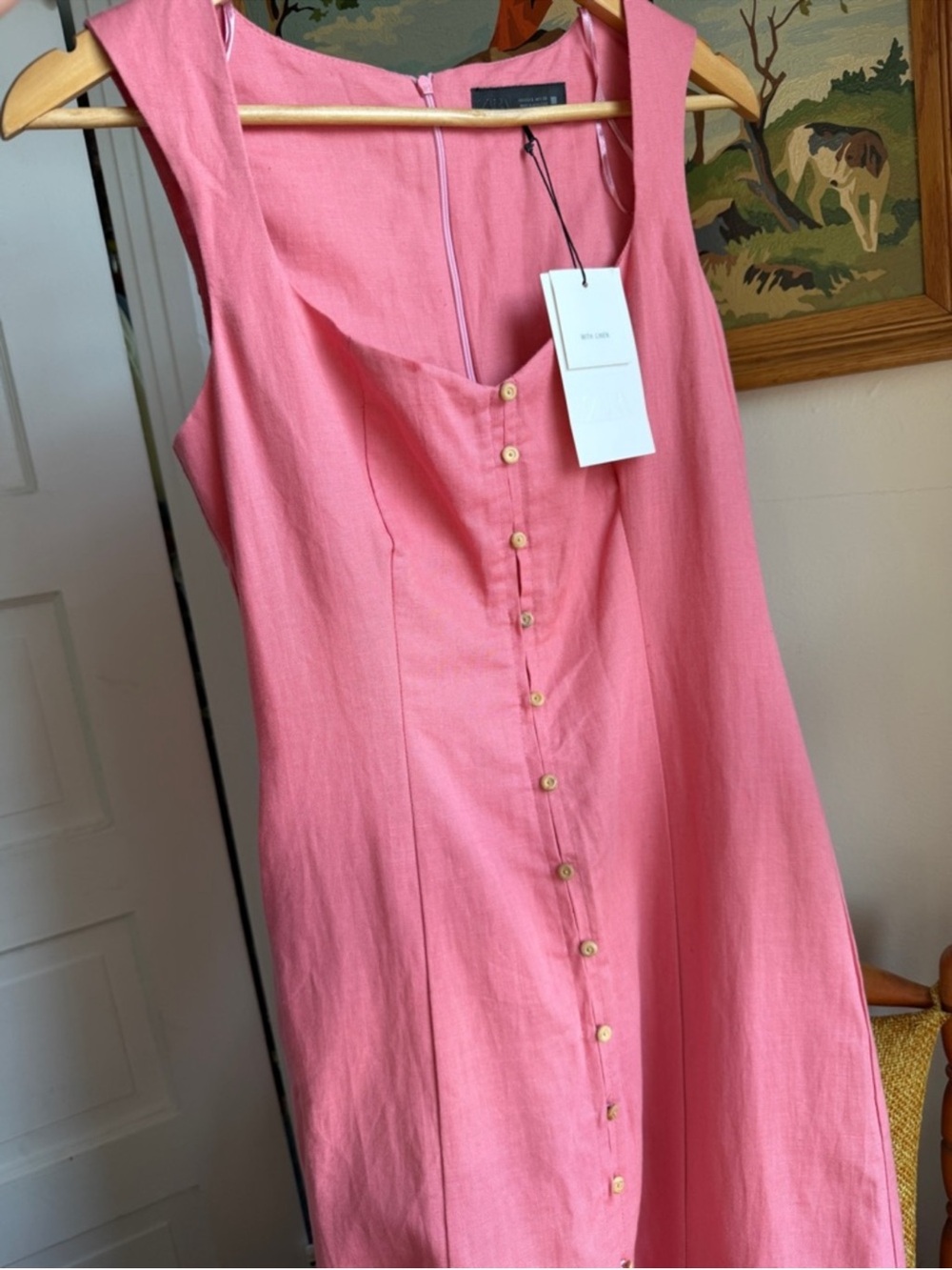 Zara Linen Blend Button Front Midi Dress Pink Sleeveless Slit NWT S Old Money - Picture 10 of 11